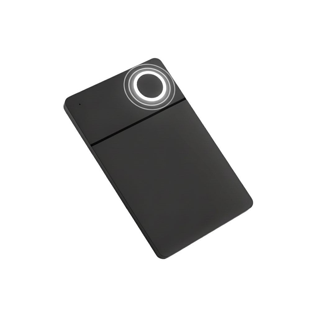 Black electronic device with circular component on a white background