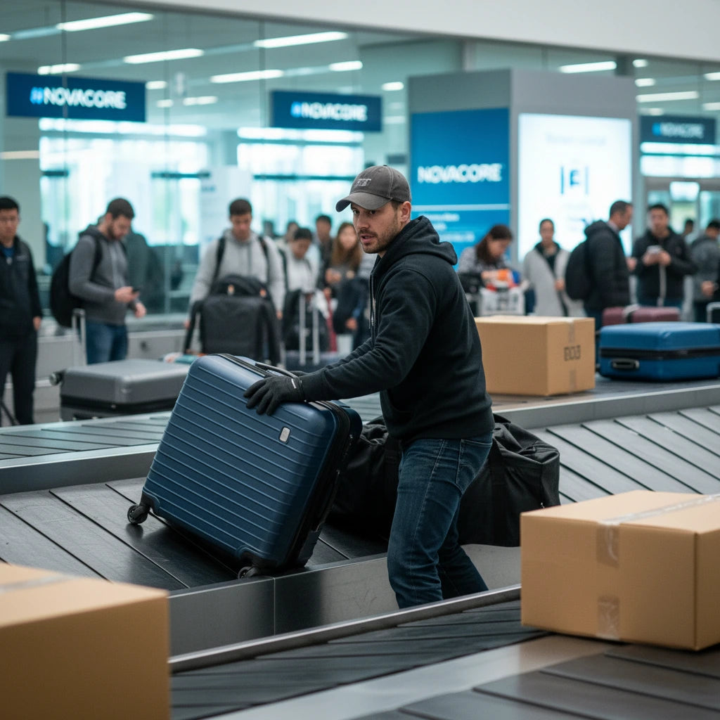 A man in casual attire retrieves a blue suitcase from a busy airport baggage carousel, surrounded by other passengers in a modern terminal setting.