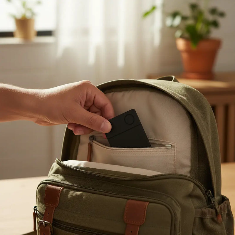 A hand places a sleek, black tracking card into the front pocket of an olive green backpack. Soft, natural light and a plant create a calm mood.