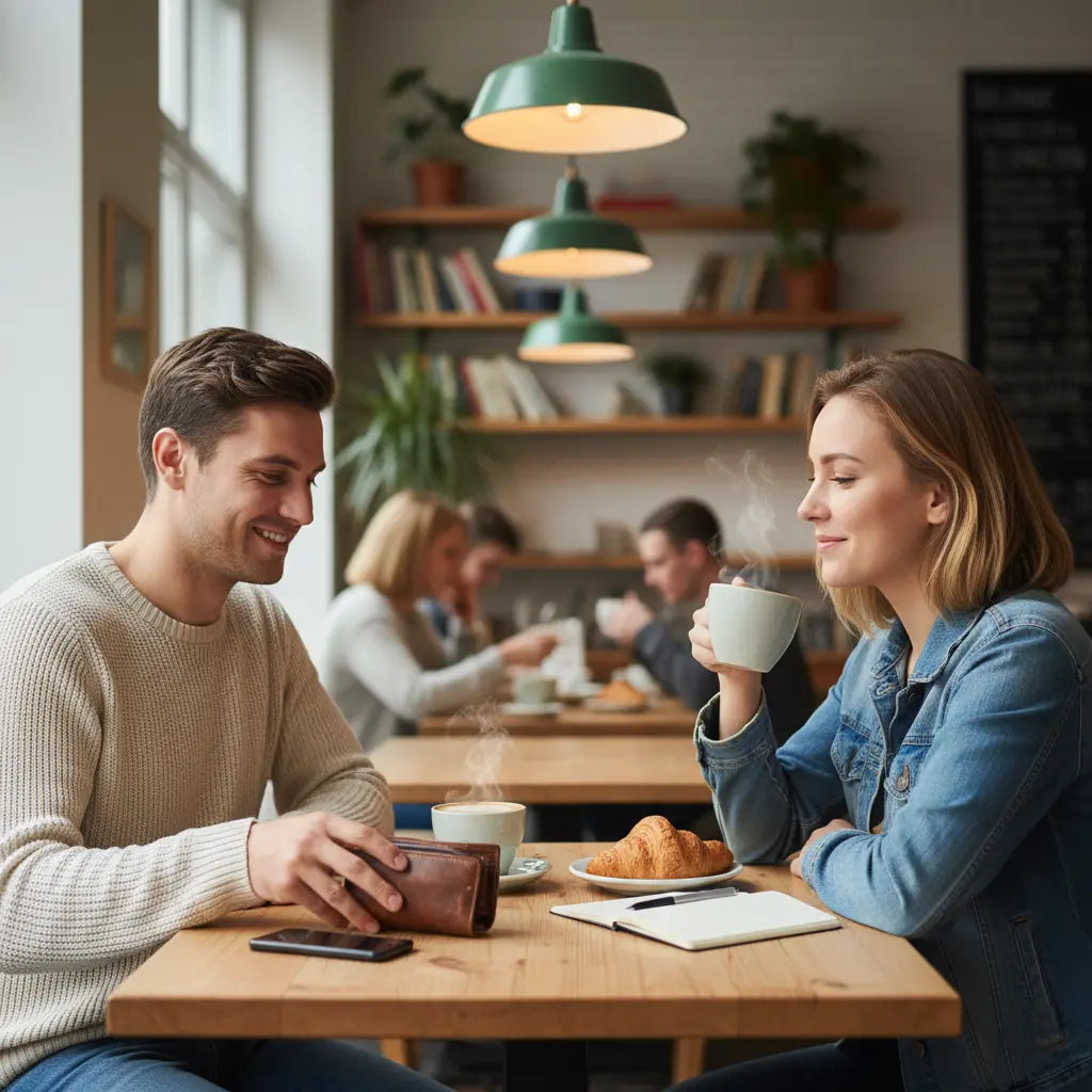 A man and woman enjoy coffee at a cozy café, smiling warmly. Light filters in through large windows, and pastries sit on the table, creating a relaxed mood.
