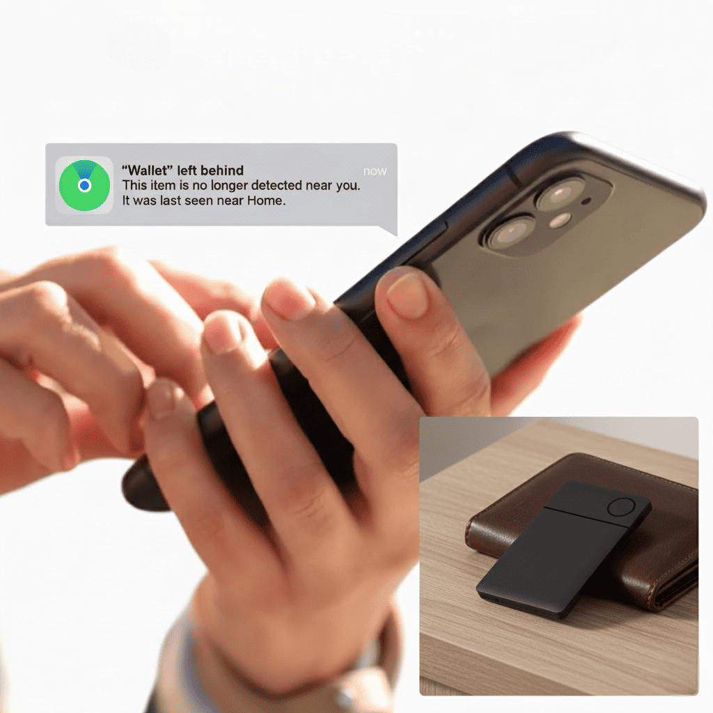 Smartphone with a notification about a lost wallet, held by a hand, and a close-up of a wallet and tracking card on a wooden surface.