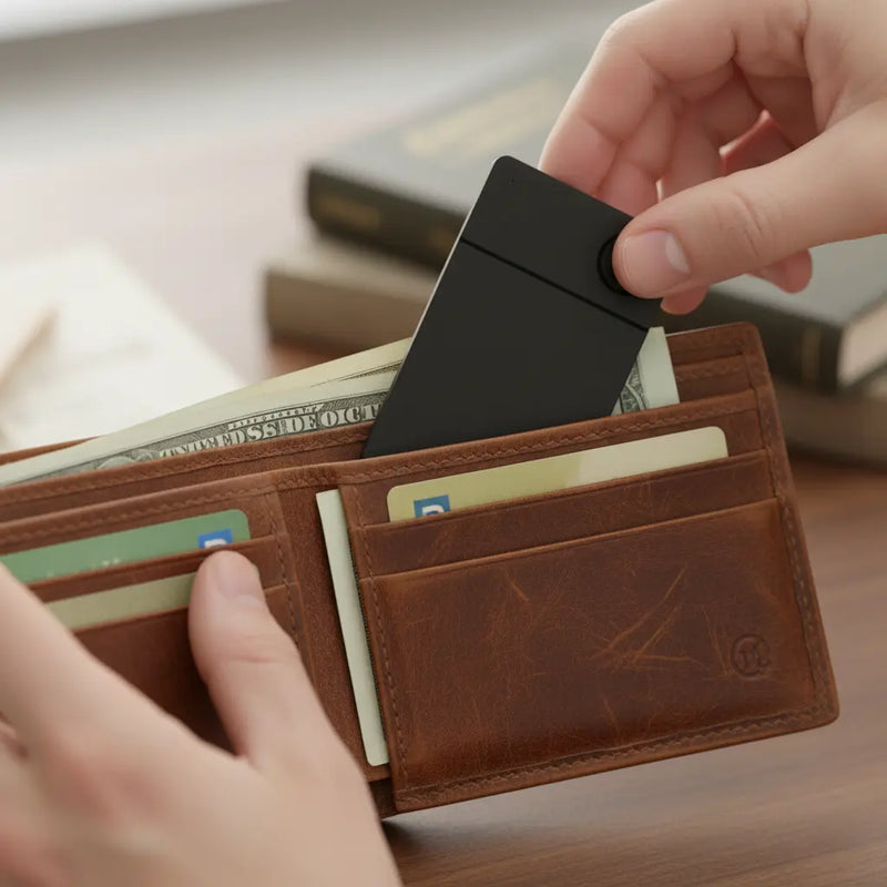 A person inserts a sleek black tracking card into a brown leather wallet, alongside cash and credit cards. The scene conveys organization and efficiency.