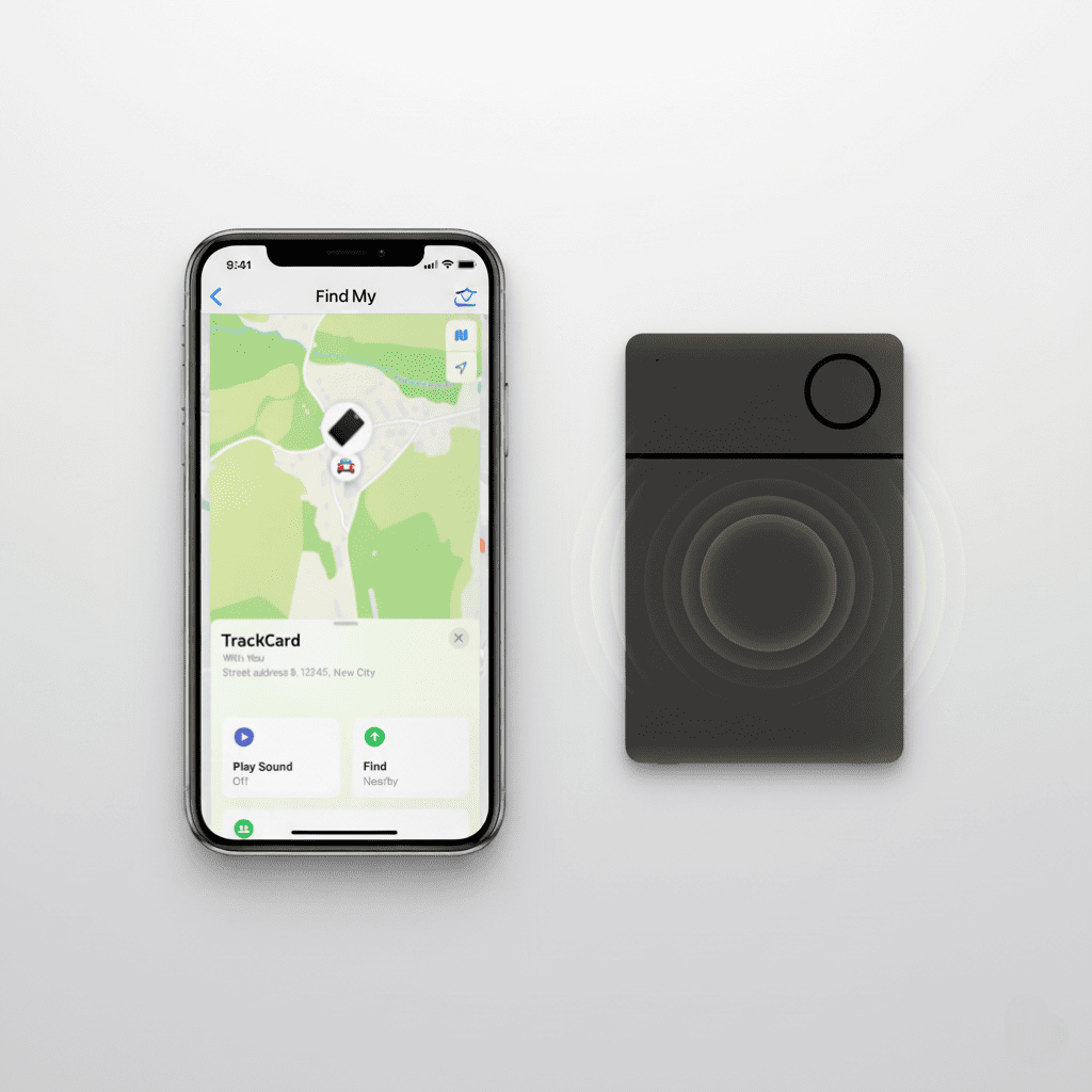Smartphone displaying a map with tracking details beside a sleek black tracking card. The screen shows location options. Modern tech vibe.