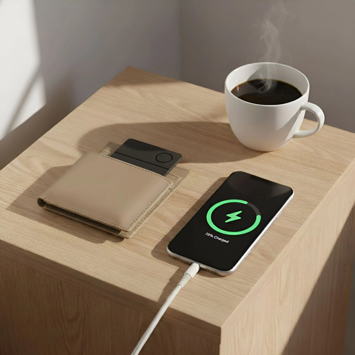 A smartphone charging on a wooden nightstand, showing 75% charge. A beige wallet with tracking card and steaming cup of coffee are nearby, creating a calm, morning vibe.