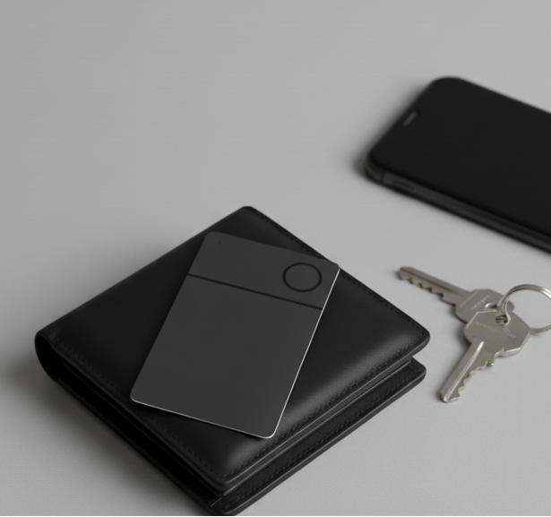 A black wallet with keys and a black tracking card rests on a smooth, light gray surface. A smartphone is placed beside them, suggesting a modern, minimalist vibe.
