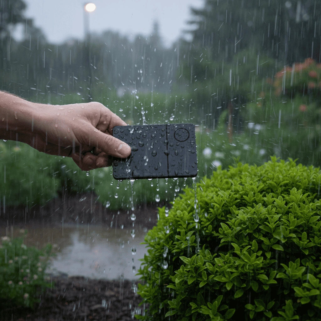 A hand holding a small, tracking card in pouring rain, surrounded by lush greenery in a garden. The scene conveys a sense of resilience and innovation.