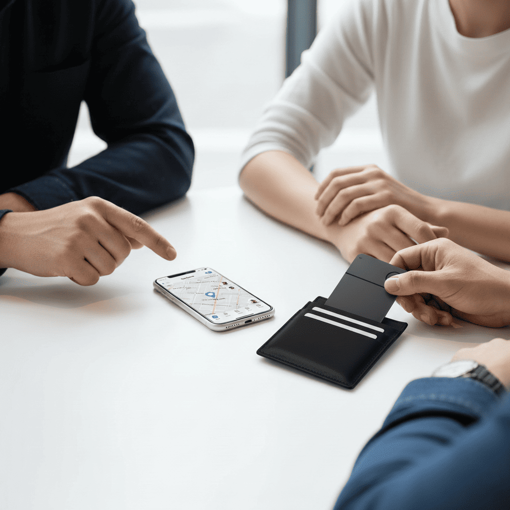 Three people interacting with a smartphone and black wallet with a tracking card on a white surface