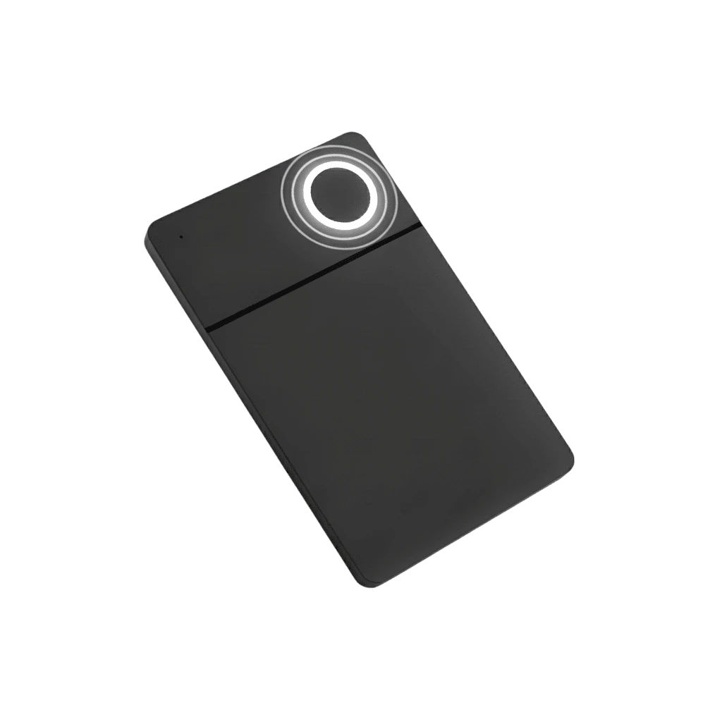 A sleek black tracking card on a dark background, featuring a prominent circular light at the top with concentric rings glowing white, conveying a futuristic design.