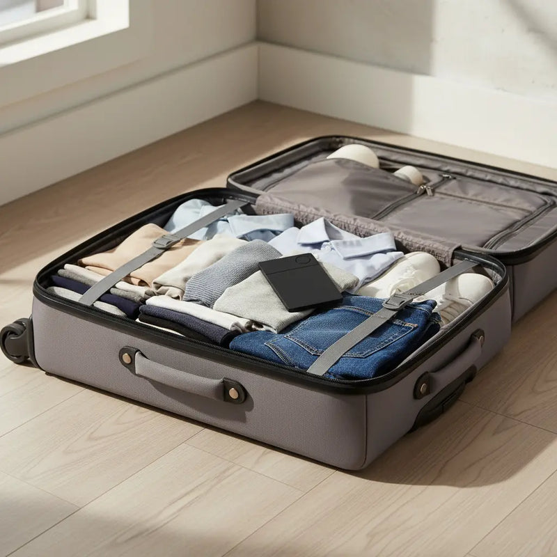 Open gray suitcase on a wooden floor, neatly packed with folded clothes, a pair of sneakers, and a black tracking card. Sunlight streams through a nearby window, creating a warm, organized travel vibe.