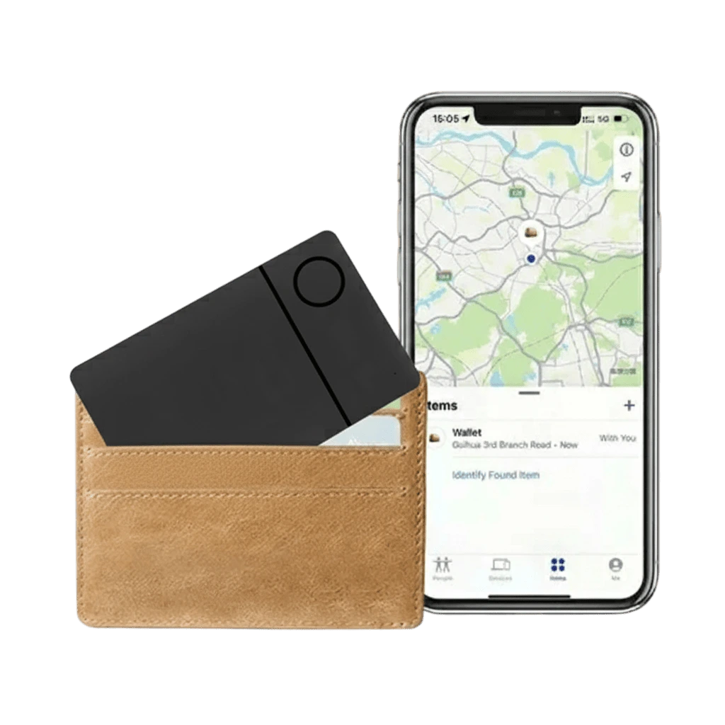 A smartphone displaying a map app is beside a tan leather wallet holding a sleek black tracking card. The image conveys a sense of modern tech convenience.
