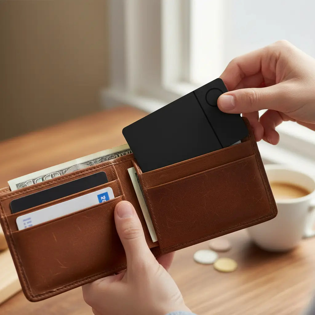 A person places a sleek black tracking card into a brown leather wallet, which also holds cash and credit cards. A coffee cup and coins are on a wooden table nearby.